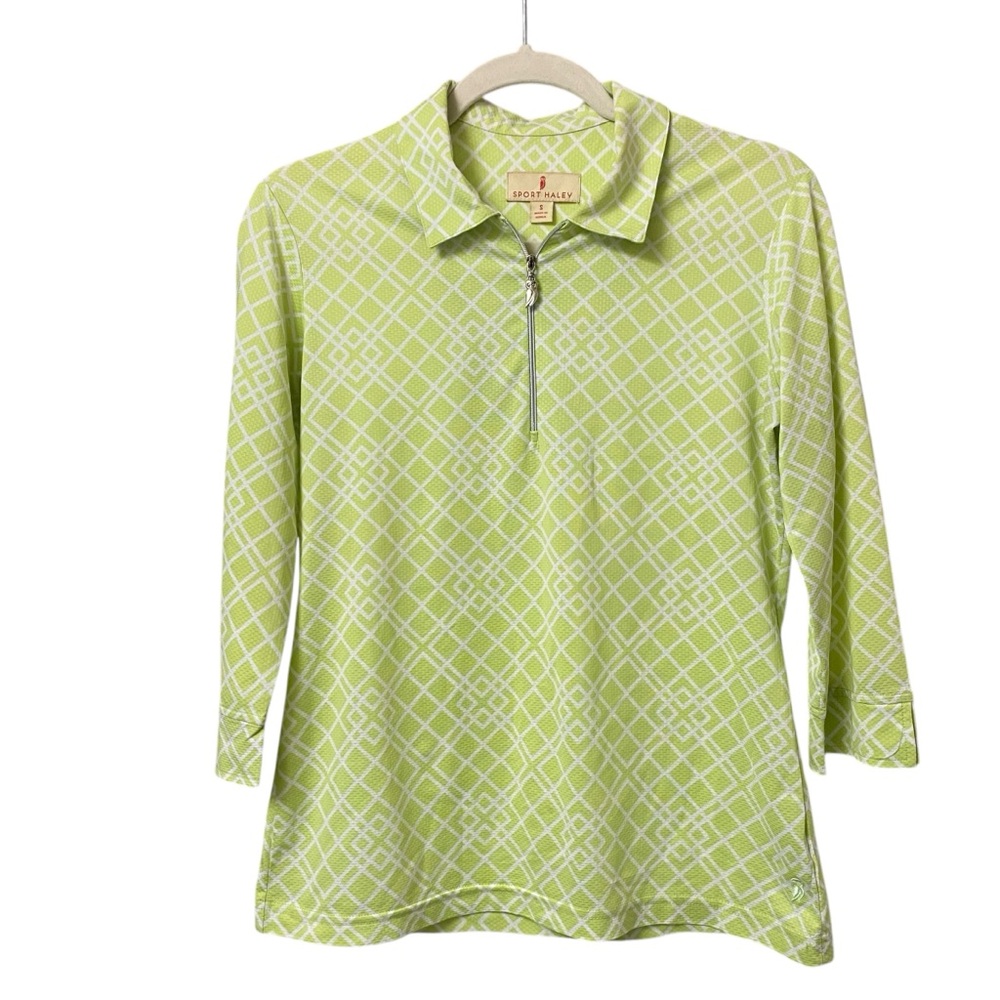 Sport Haley green geometric print 3/4 sleeve zip up active running golf top S